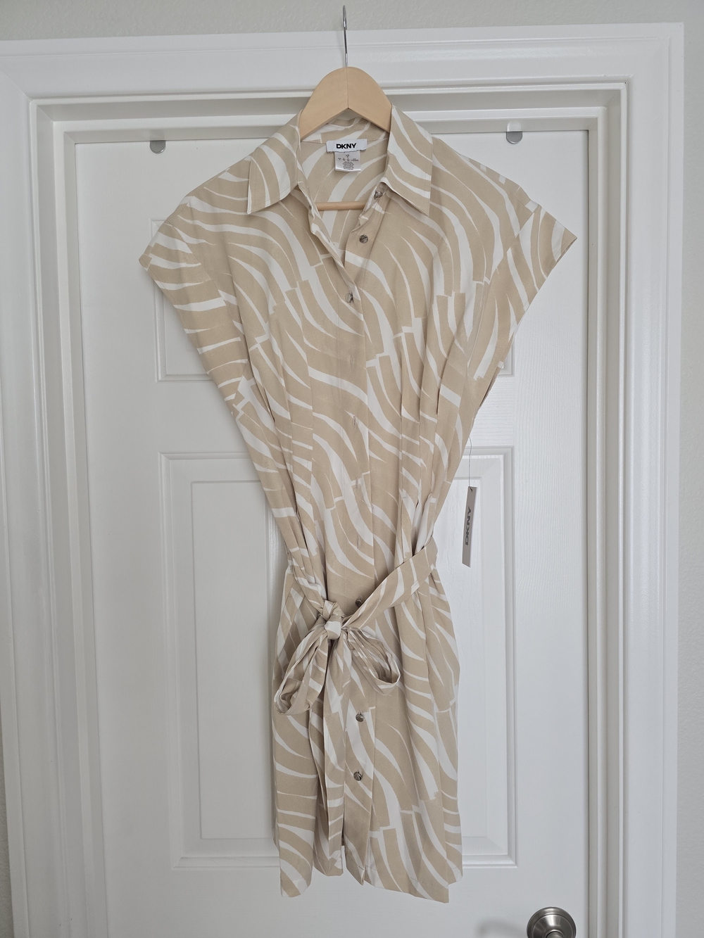 DKNY Beige and White Patterned Shirt Dress